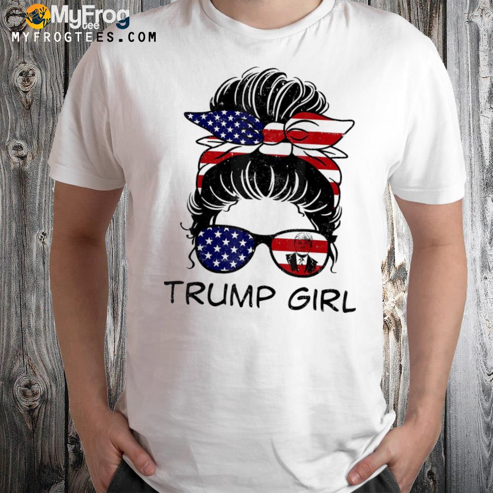 Cute vintage Trump girl messy bun republican American flag shirt