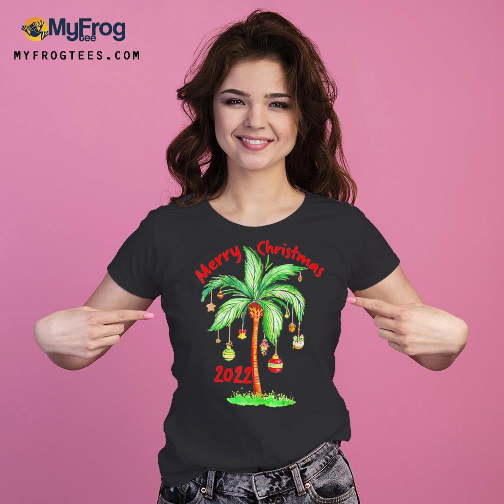 Merry Christmas 2022 Palm Tree Hawaiian Tropical Christmas T-Shirt Ladies Tee