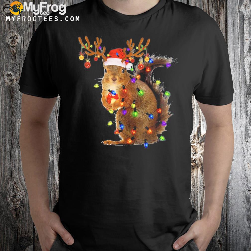 Squirrel Christmas tree lights reindeer santa hat xmas shirt