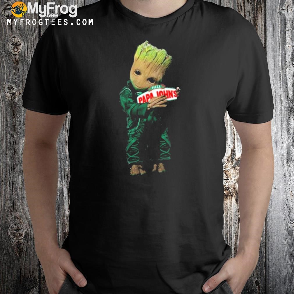 Baby groot hug pizza papajohn logo 2023 t-shirt