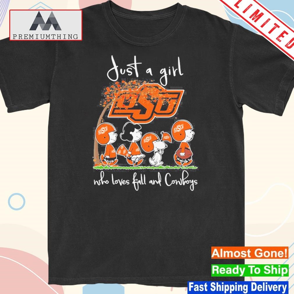 Design just a girl who love fall and Oklahoma state Cowboys Peanuts Snoopy shirt