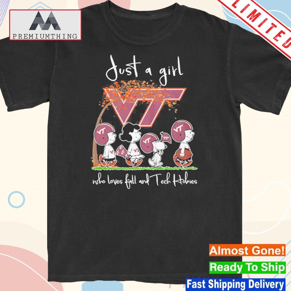 Design just a girl who love fall and Virginia tech hokies Peanuts Snoopy shirt
