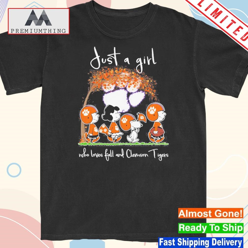 Design just a girl who love fall and clemson tigers Peanuts Snoopy shirt