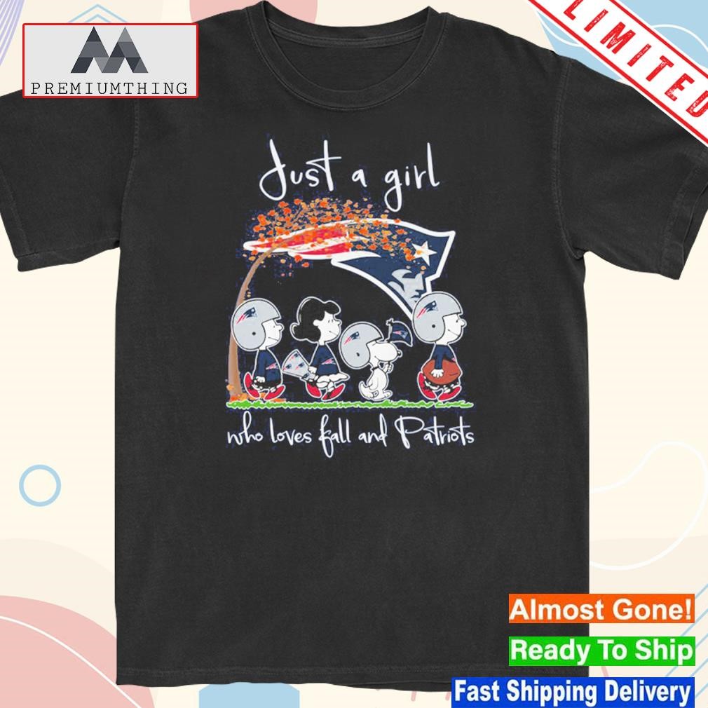 Design just a girl who love fall and new england Patriots Peanuts Snoopy shirt