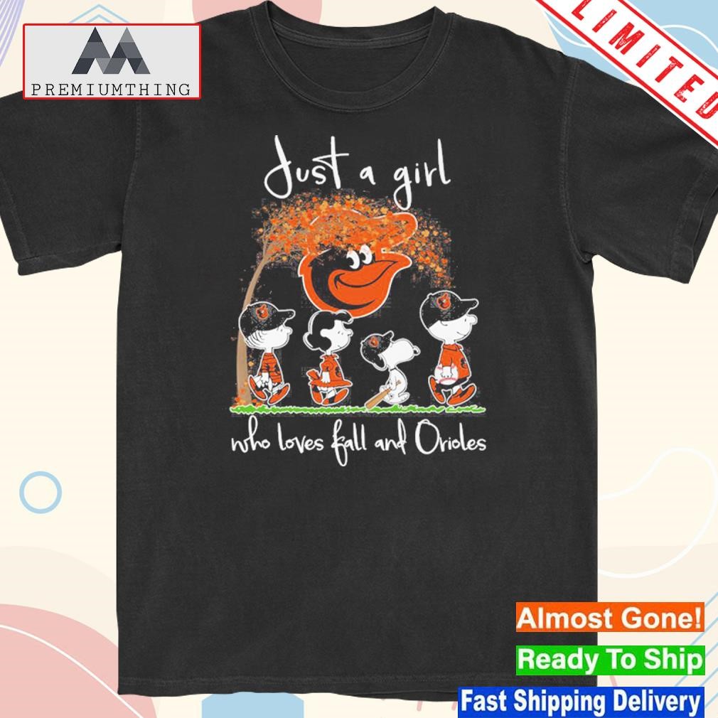 Design just a girl who love fall and orioles Peanuts Snoopy shirt