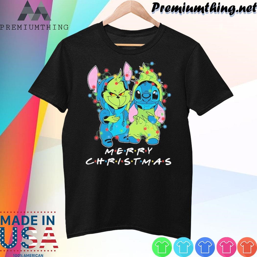 Design Baby Grinch and baby Stitch merry christmas light shirt