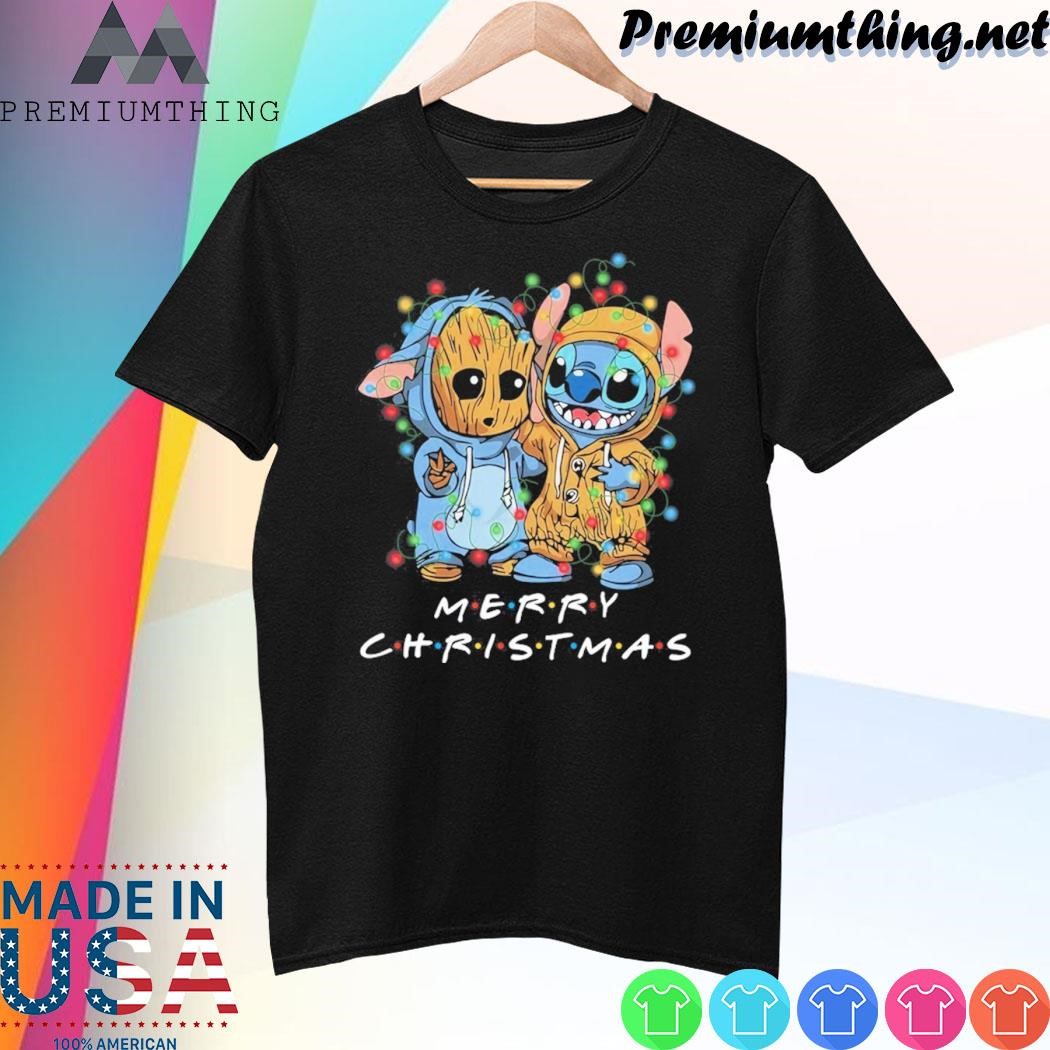 Design Baby Stitch and baby Groot merry christmas light shirt