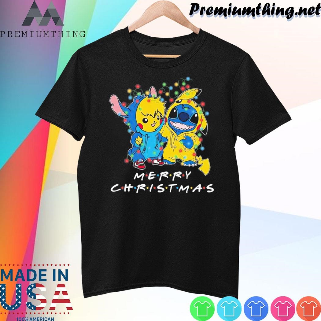 Design Baby Stitch and baby Pikachu merry christmas light shirt