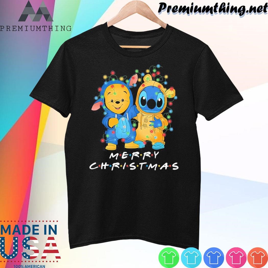 Design Baby Stitch and baby Pooh merry christmas light shirt