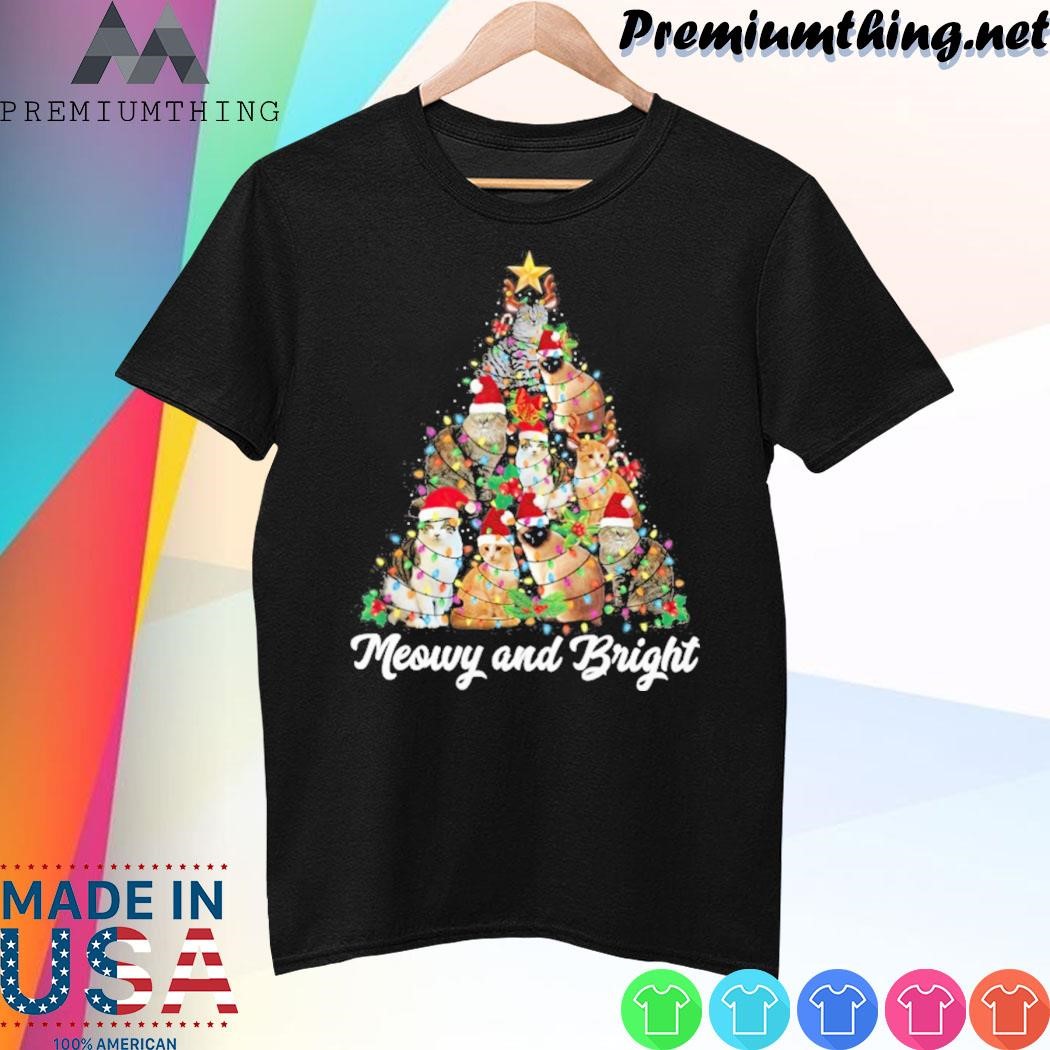 Design Cats hat santa light pine tree meowy and bright christmas shirt