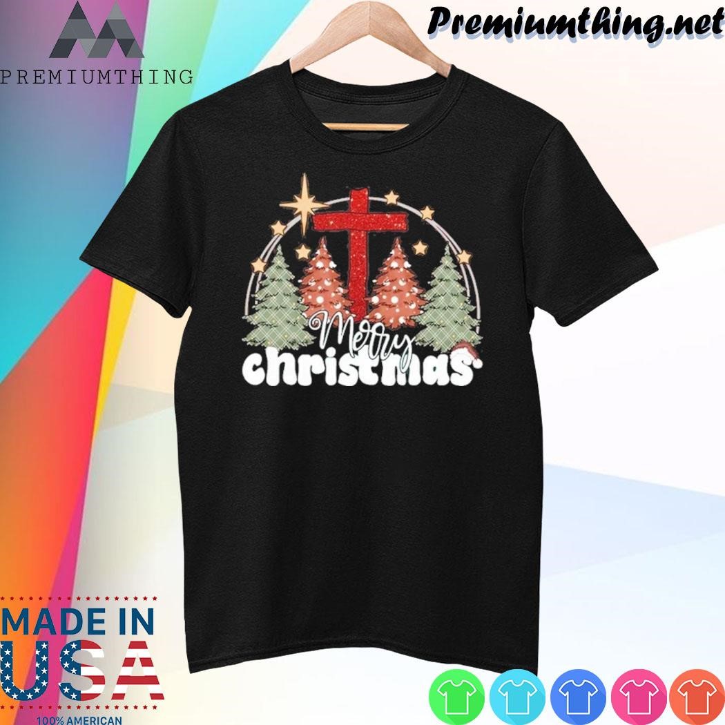 Design Cross pine tree merry christmas shirt