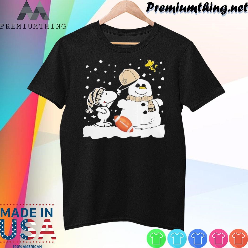Design Peanuts Snoopy And Woodstock Snowman New Orleans Saints Christmas Shirt