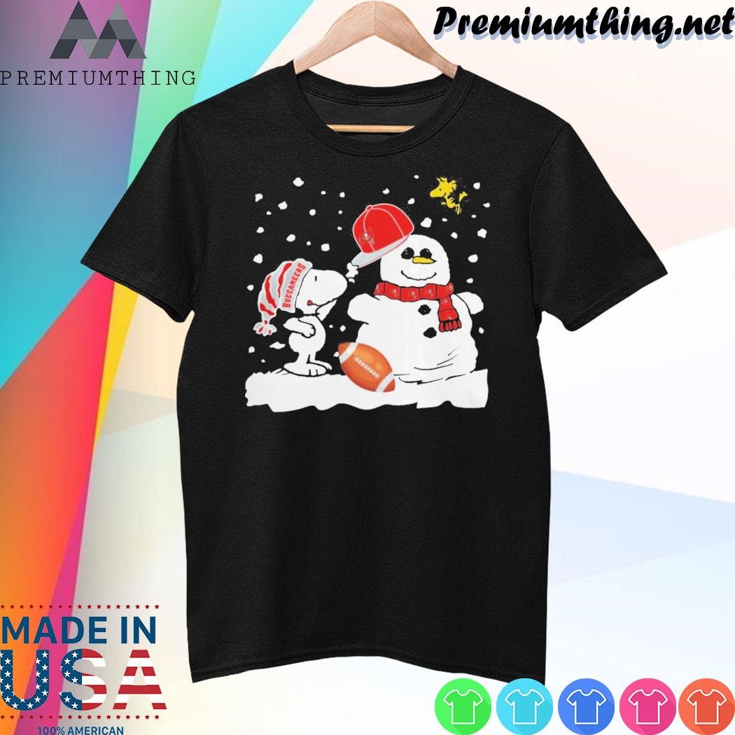 Design Peanuts Snoopy And Woodstock Snowman Tampa Bay Buccaneers Christmas Shirt