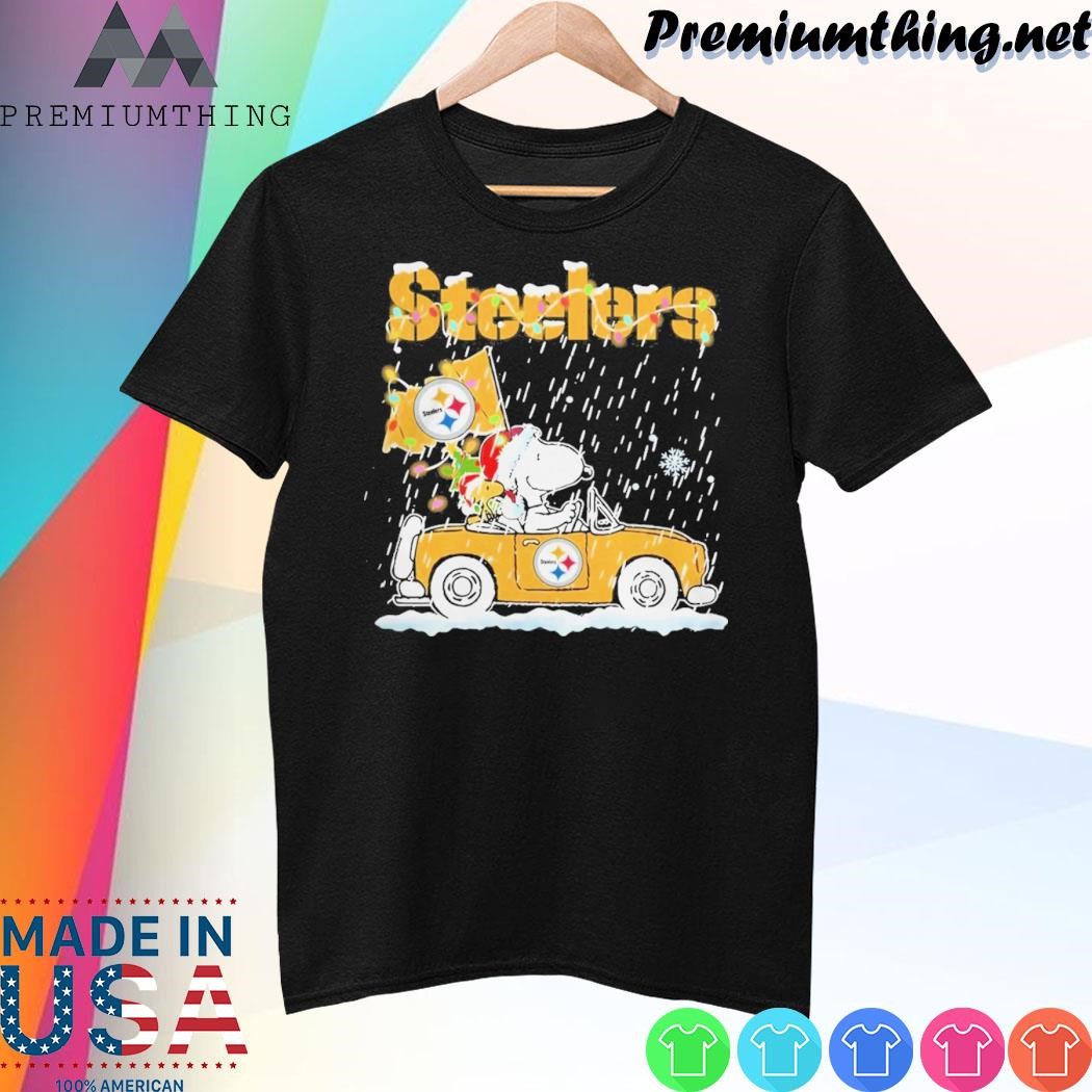 Design Snoopy And Woodstock santa Car Pittsburgh Steelers flag 2023 christmas Shirt