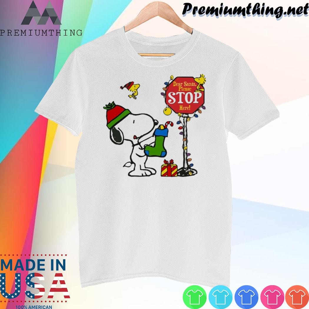 Design Snoopy and Woodstock hat santa dear santa please stop here christmas shirt